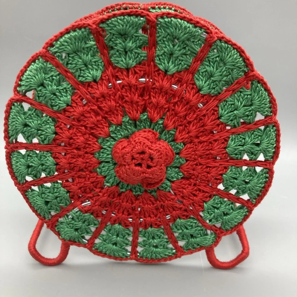 Vintage Crocheted Napkin Holder: Red And Green Metal Frame Round Floral Pattern
